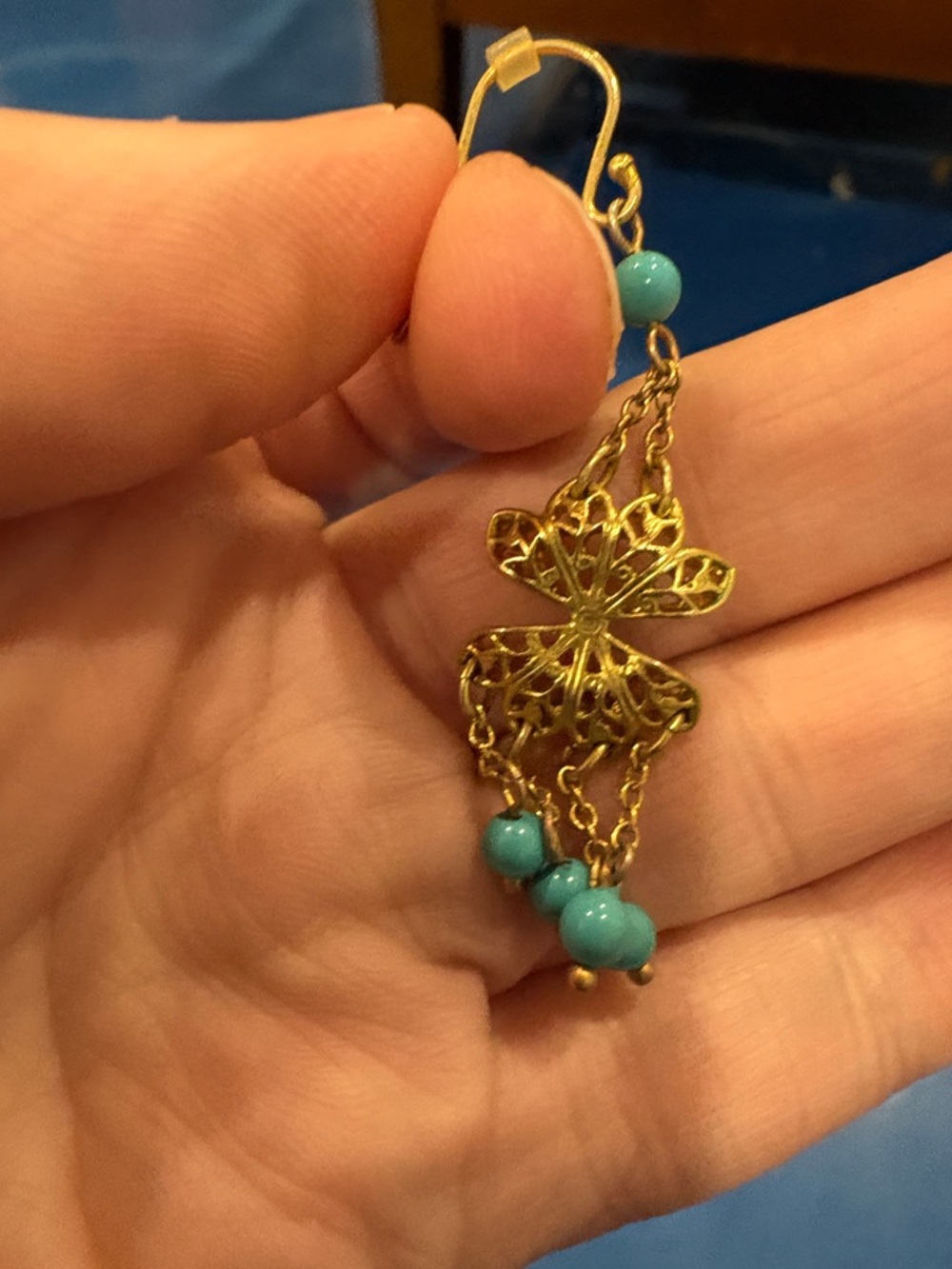 Gold Butterfly Filigree Drop Earrings with Turquoise Beads